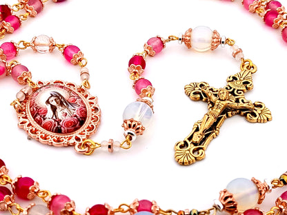 Immaculate Heart of Mary unique rosary beads opal and rose quartz gemstone rosary with gold plated filigree crucifix.