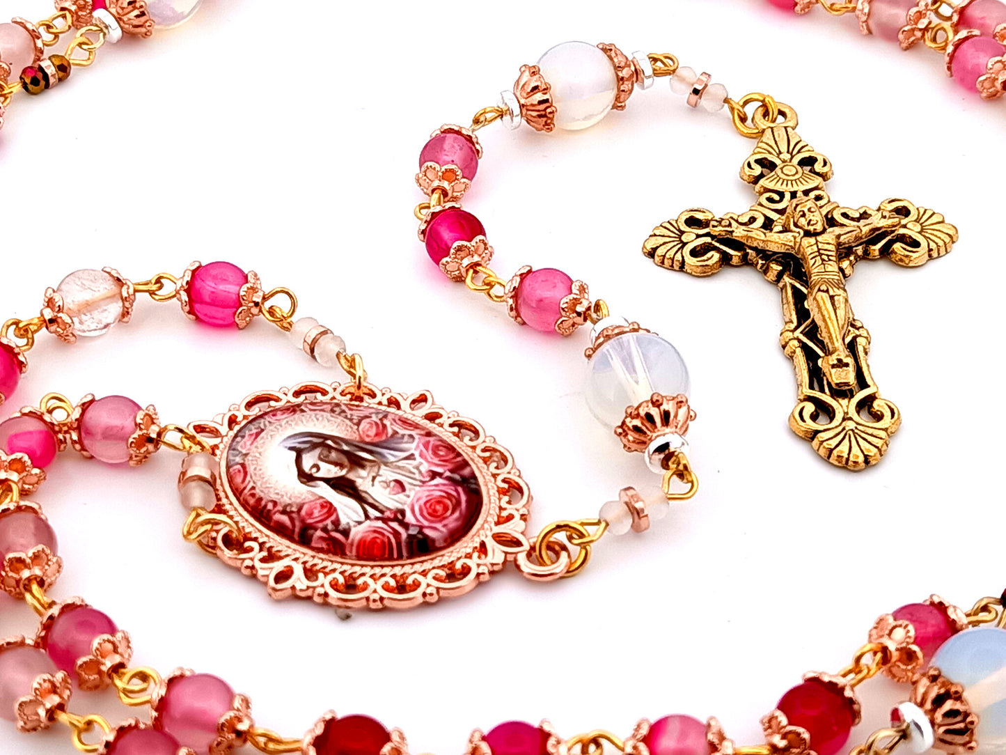 Immaculate Heart of Mary unique rosary beads opal and rose quartz gemstone rosary with gold plated filigree crucifix.