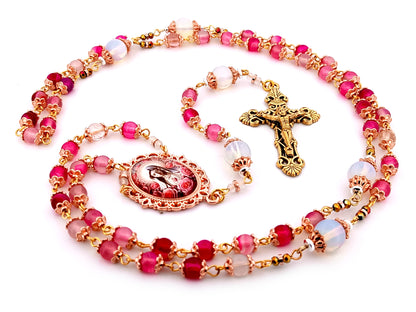 Immaculate Heart of Mary unique rosary beads opal and rose quartz gemstone rosary with gold plated filigree crucifix.