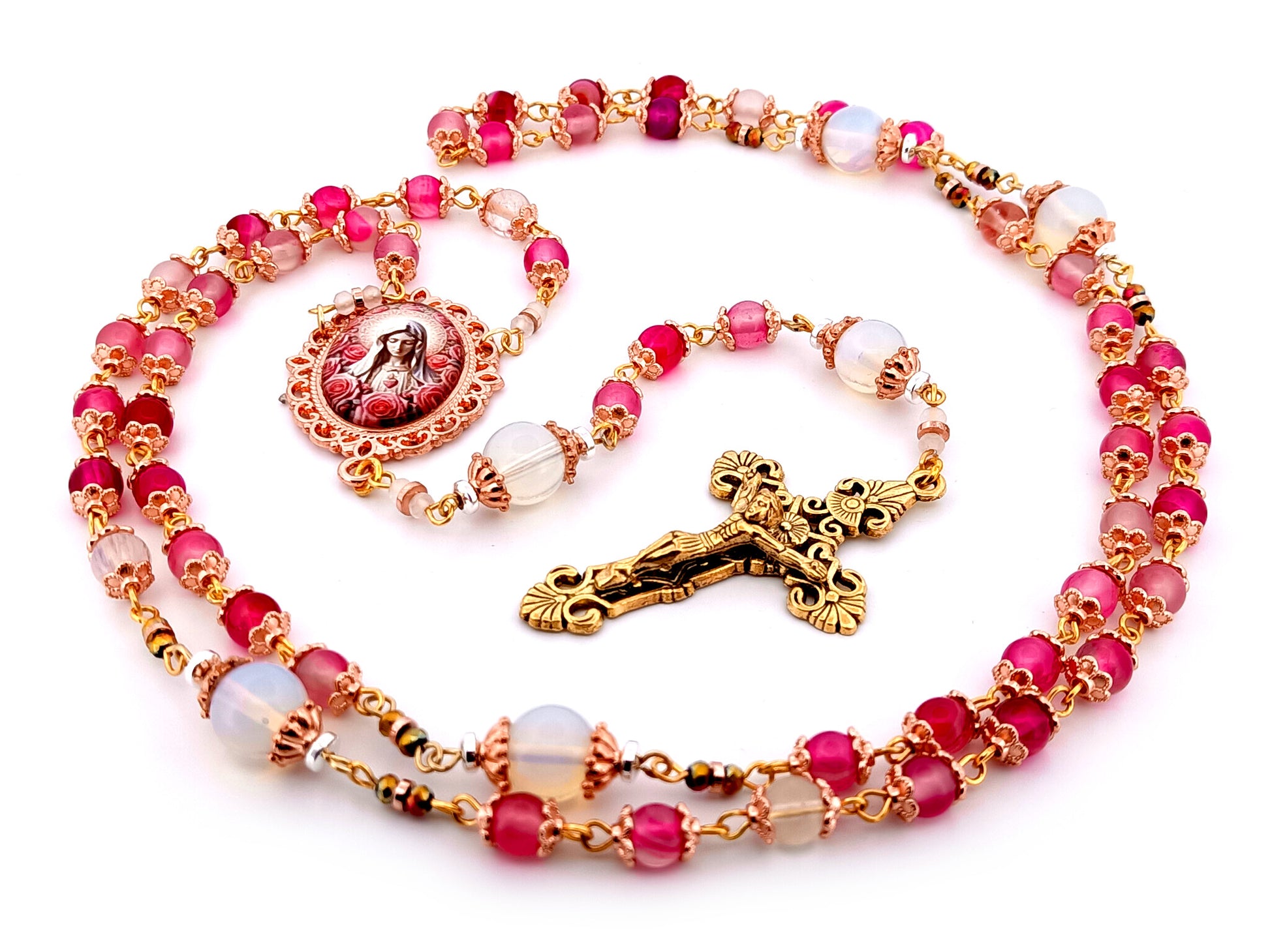 Immaculate Heart of Mary unique rosary beads opal and rose quartz gemstone rosary with gold plated filigree crucifix.