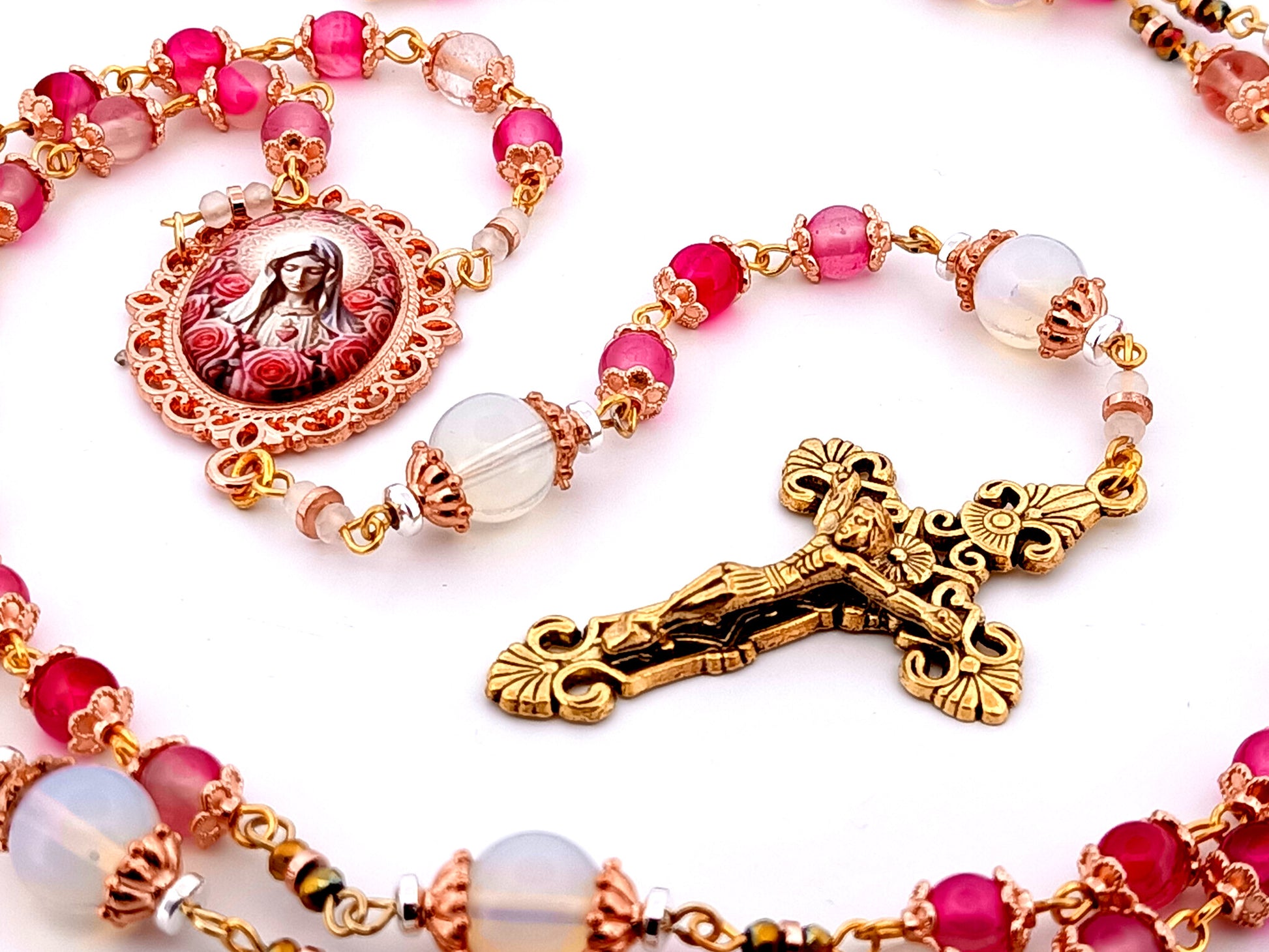 Immaculate Heart of Mary unique rosary beads opal and rose quartz gemstone rosary with gold plated filigree crucifix.