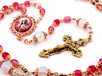 Immaculate Heart of Mary unique rosary beads opal and rose quartz gemstone rosary with gold plated filigree crucifix.