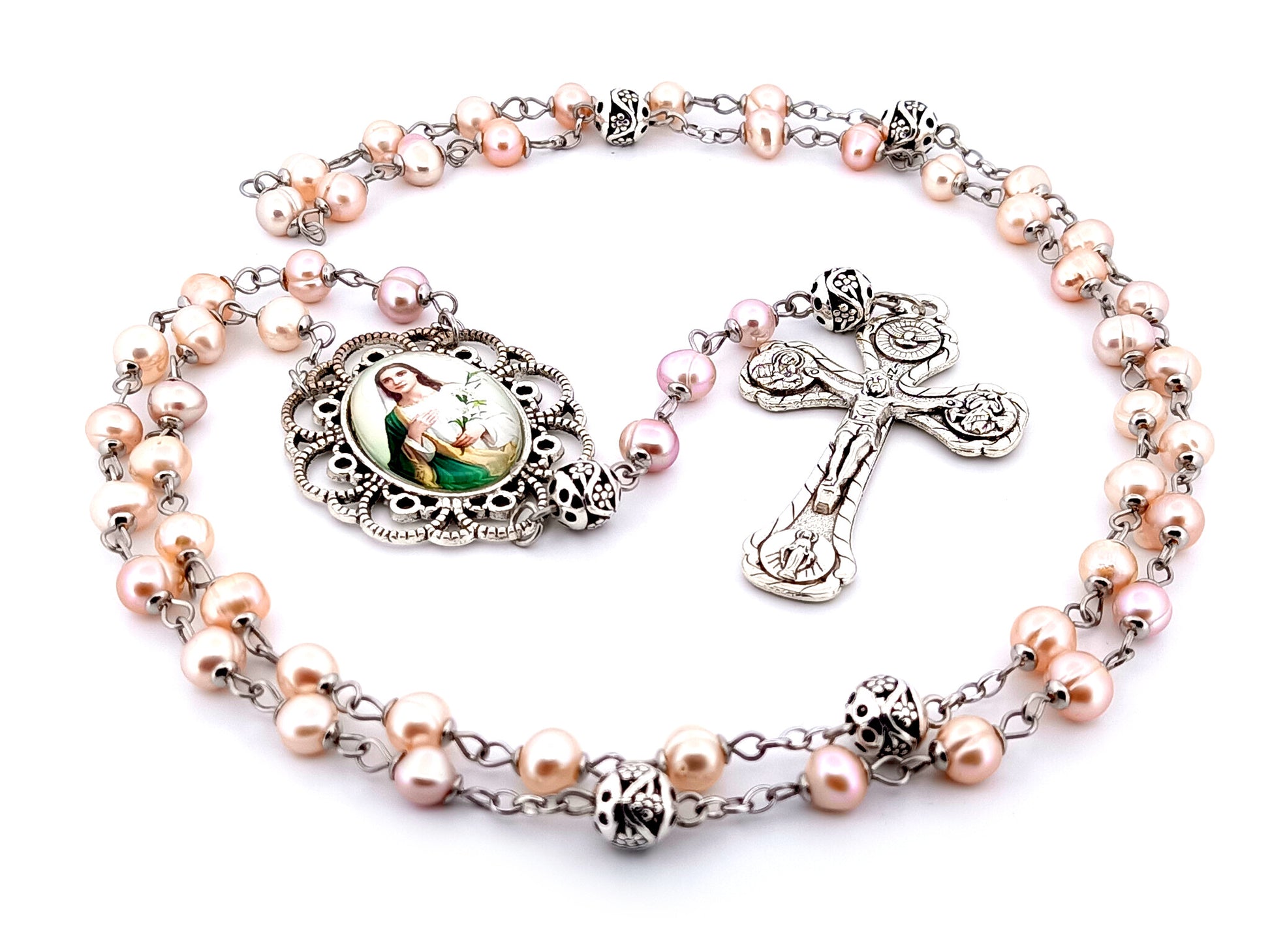 Saint Maria Goretti unique rosary beads fresh water pearl and silver rosary beads with four Basilicas crucifix.