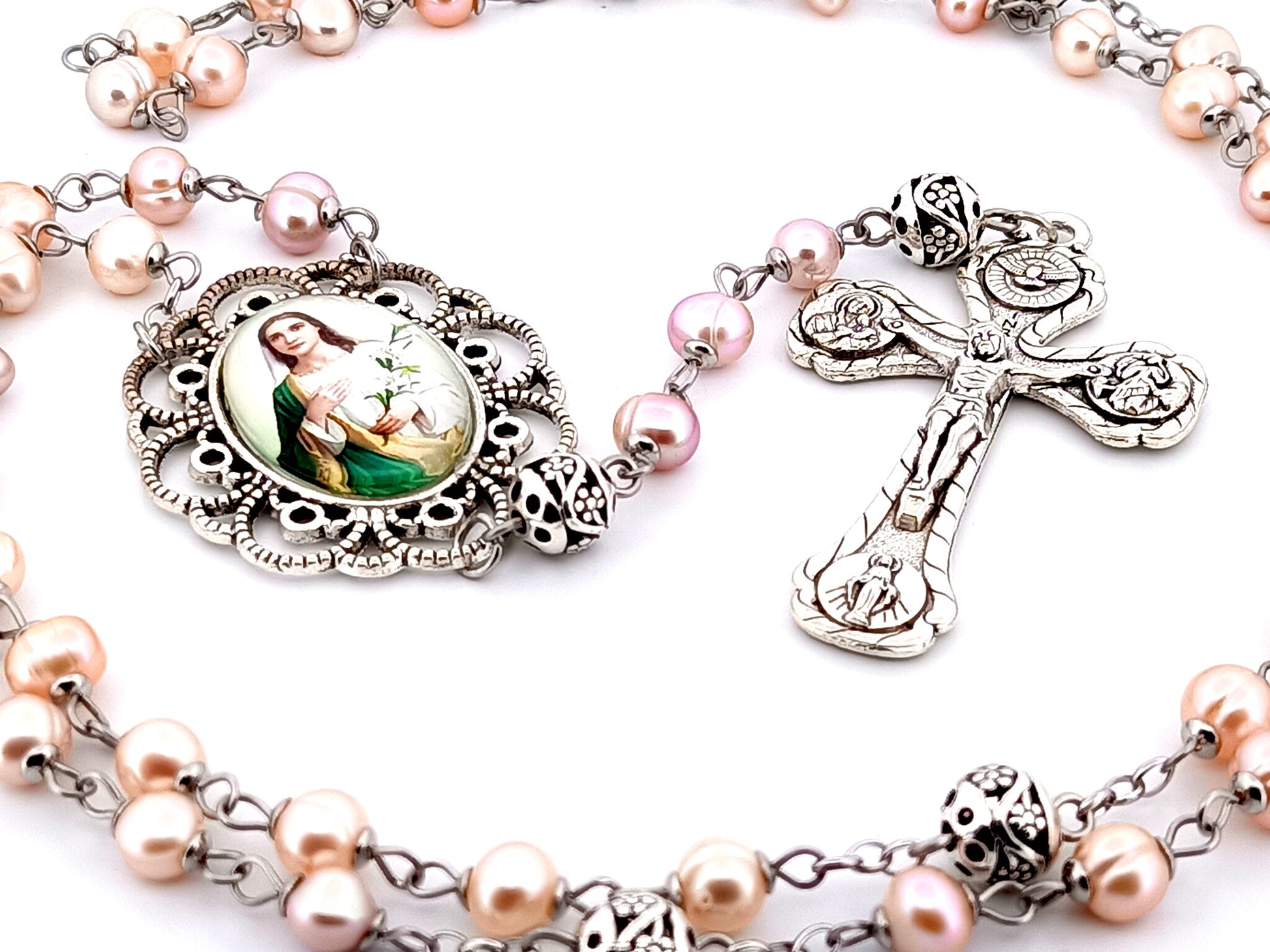 Saint Maria Goretti unique rosary beads fresh water pearl and silver rosary beads with four Basilicas crucifix.