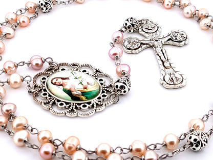 Saint Maria Goretti unique rosary beads fresh water pearl and silver rosary beads with four Basilicas crucifix.