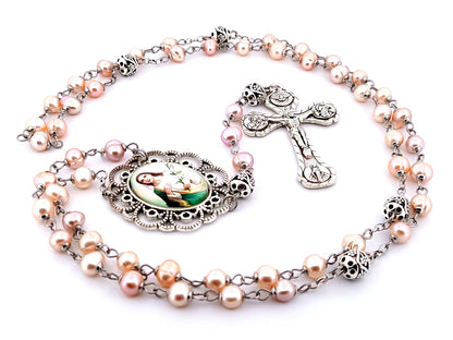Saint Maria Goretti unique rosary beads fresh water pearl and silver rosary beads with four Basilicas crucifix.