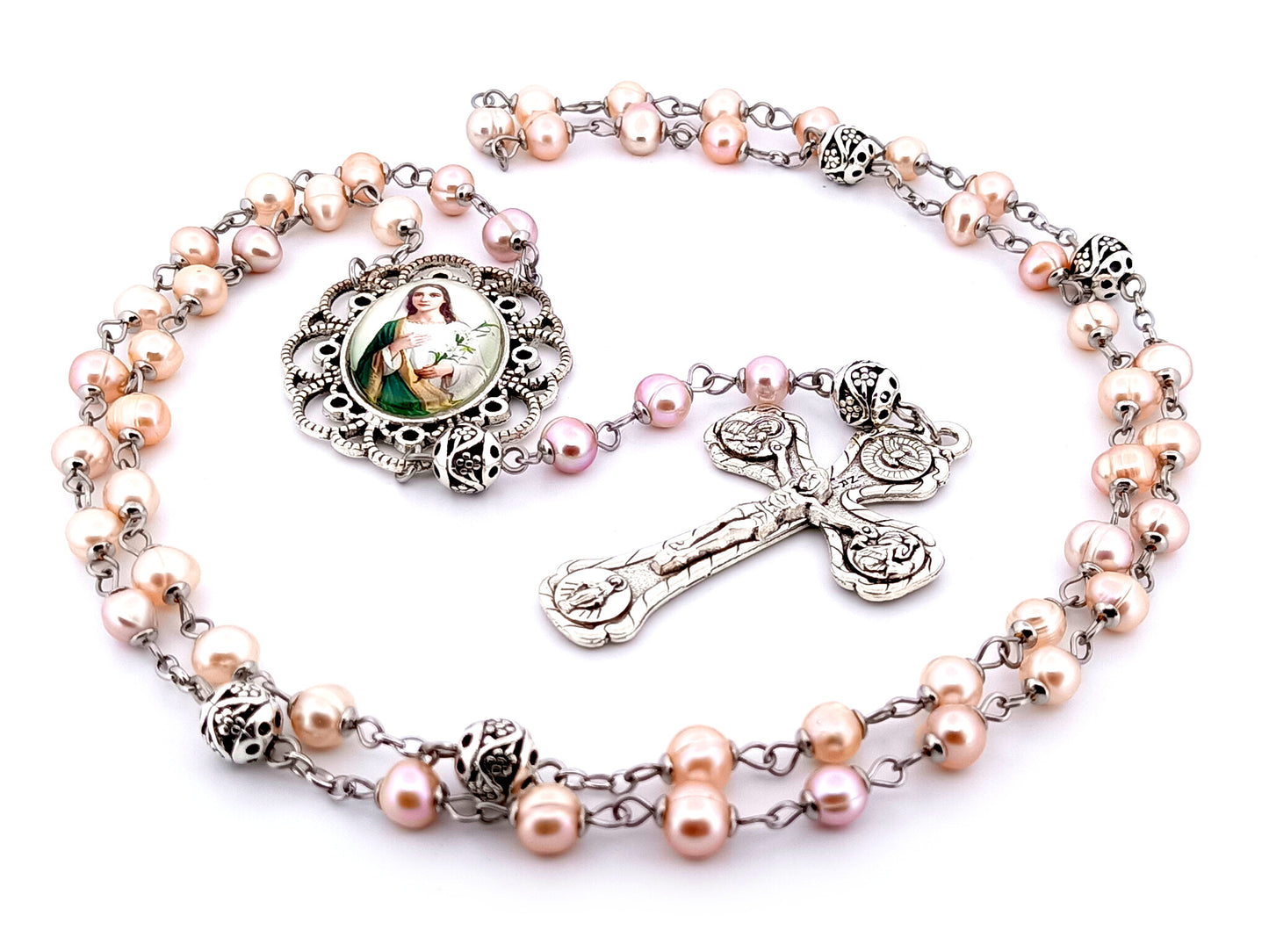 Saint Maria Goretti unique rosary beads fresh water pearl and silver rosary beads with four Basilicas crucifix.