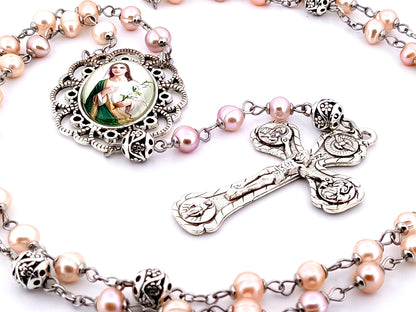 Saint Maria Goretti unique rosary beads fresh water pearl and silver rosary beads with four Basilicas crucifix.