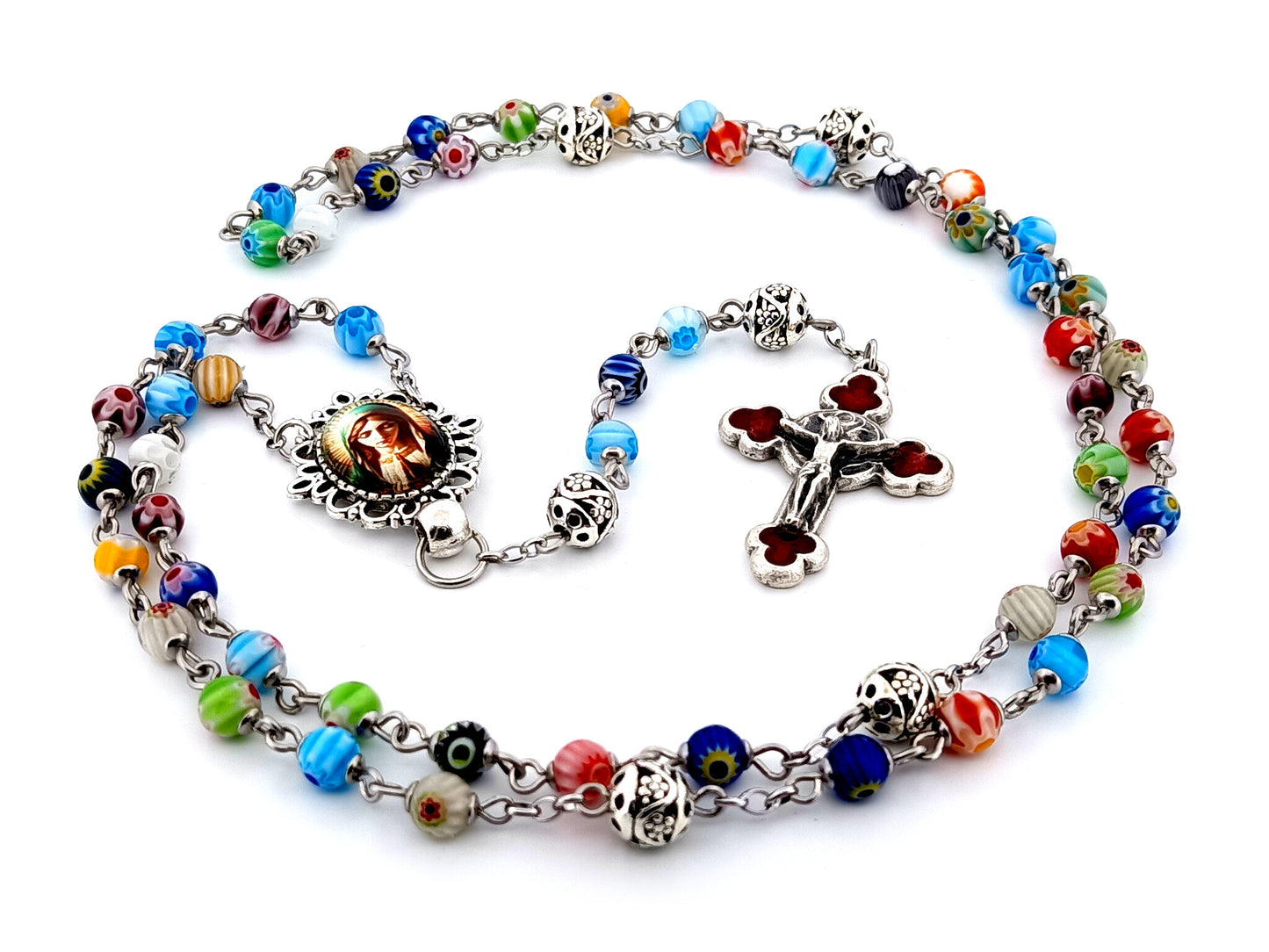 Virgin Mary unique rosary beads millefiori glass and silver rosary beads with red enamel crucifix.