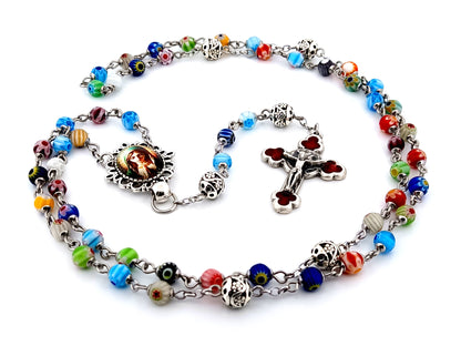 Virgin Mary unique rosary beads millefiori glass and silver rosary beads with red enamel crucifix.