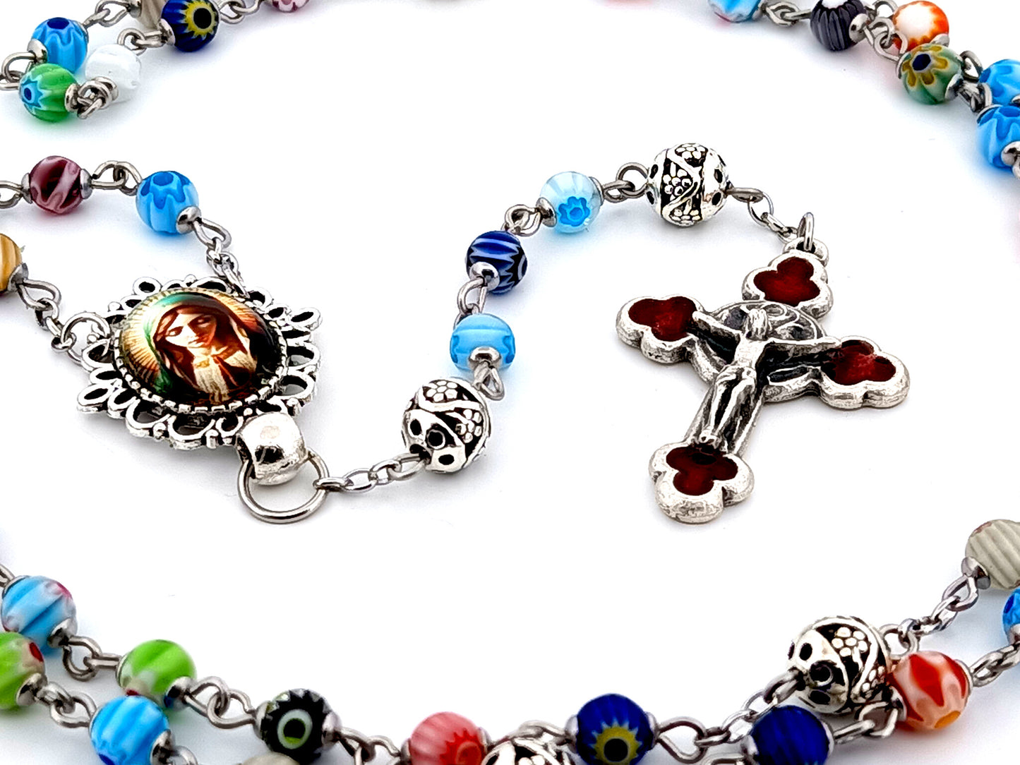 Virgin Mary unique rosary beads millefiori glass and silver rosary beads with red enamel crucifix.