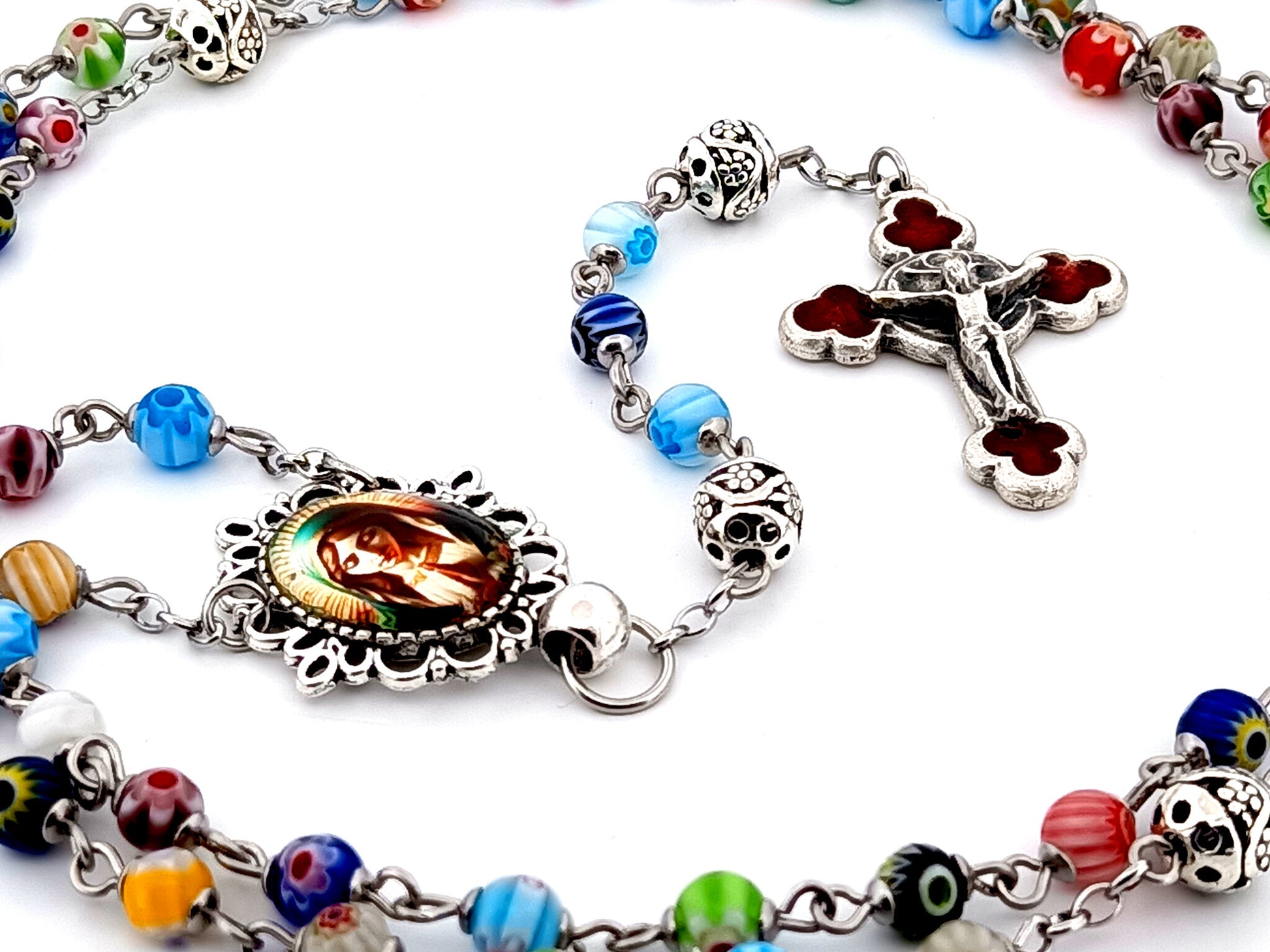 Virgin Mary unique rosary beads millefiori glass and silver rosary beads with red enamel crucifix.