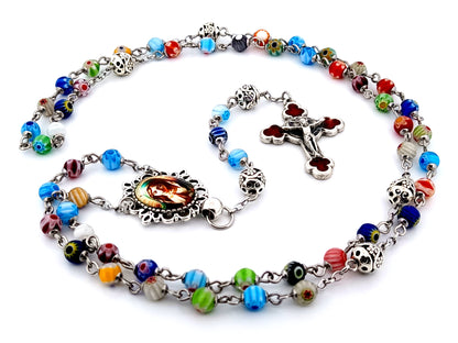 Virgin Mary unique rosary beads millefiori glass and silver rosary beads with red enamel crucifix.