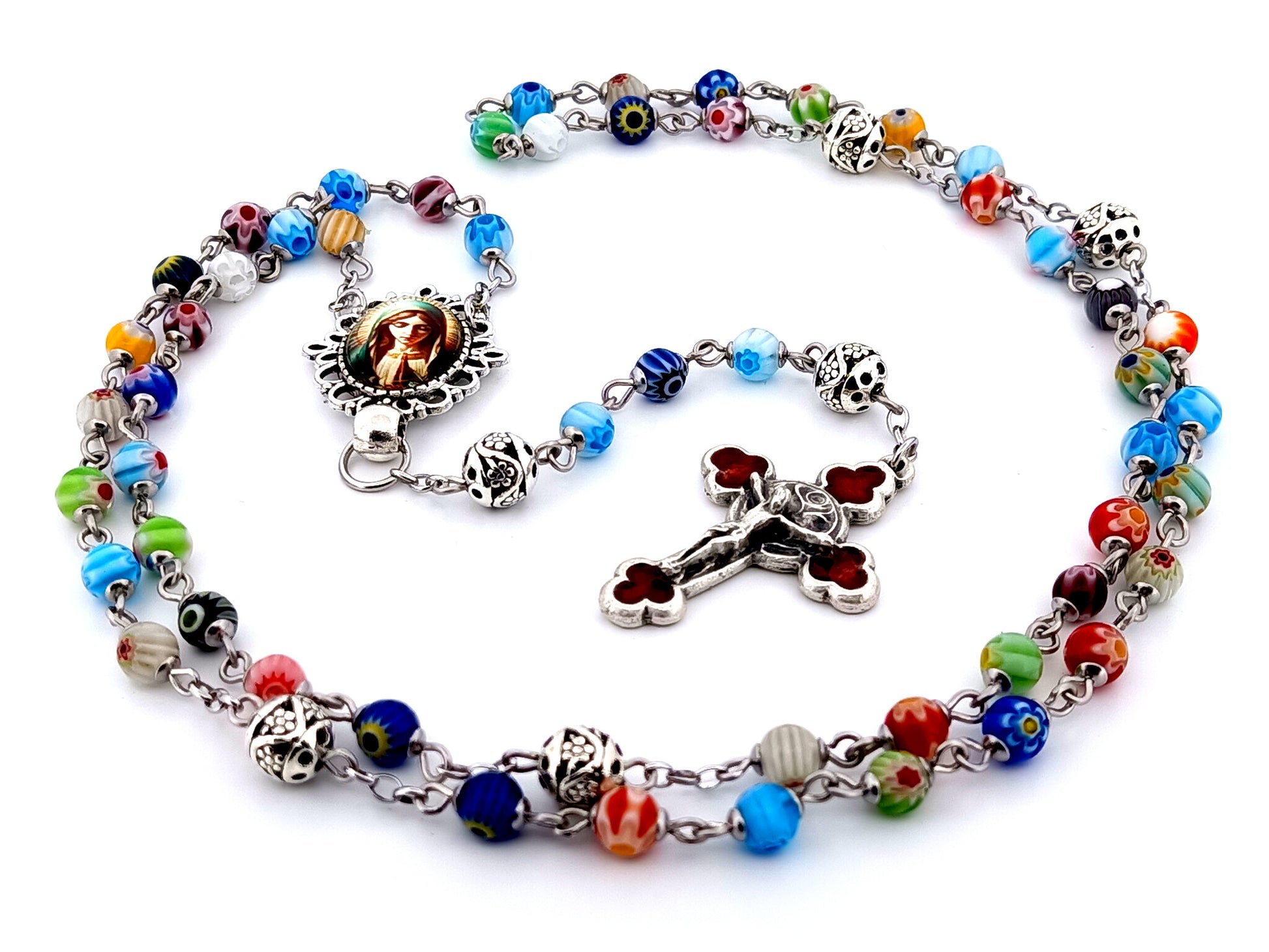 Virgin Mary unique rosary beads millefiori glass and silver rosary beads with red enamel crucifix.