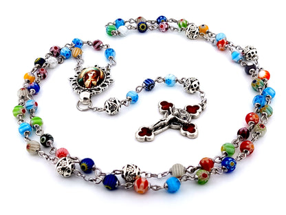 Virgin Mary unique rosary beads millefiori glass and silver rosary beads with red enamel crucifix.