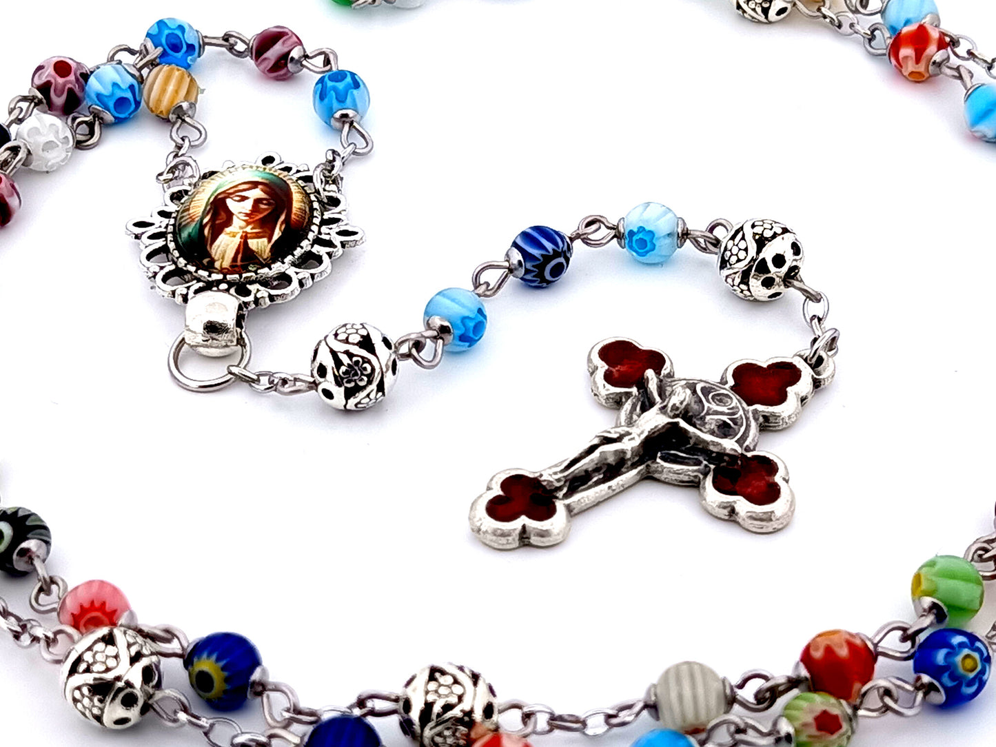 Virgin Mary unique rosary beads millefiori glass and silver rosary beads with red enamel crucifix.