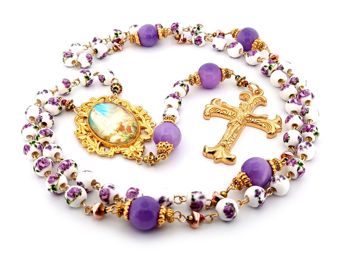 Our Lady of Fatima unique rosary beads porcelain and purple glass rosary with gold plated Fleur de Lys crucifix.