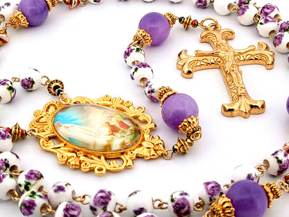 Our Lady of Fatima unique rosary beads porcelain and purple glass rosary with gold plated Fleur de Lys crucifix.