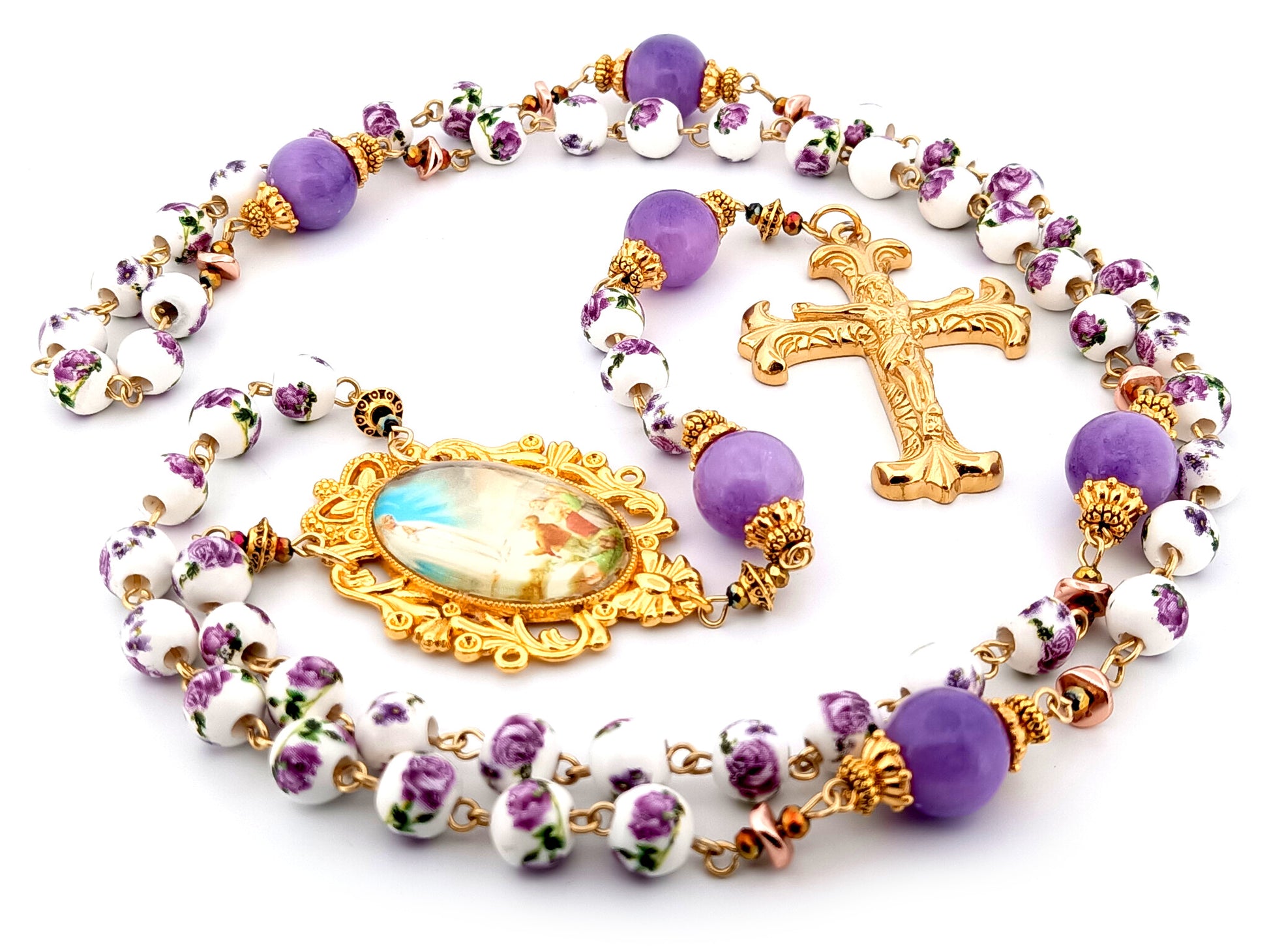 Our Lady of Fatima unique rosary beads porcelain and purple glass rosary with gold plated Fleur de Lys crucifix.