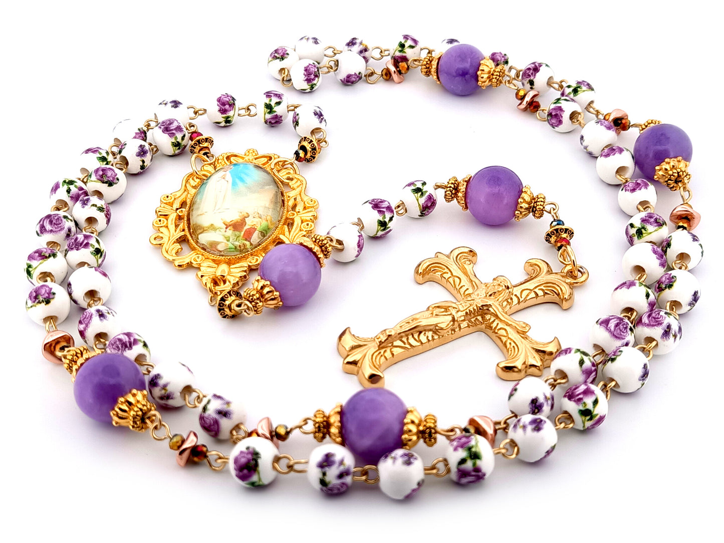 Our Lady of Fatima unique rosary beads porcelain and purple glass rosary with gold plated Fleur de Lys crucifix.