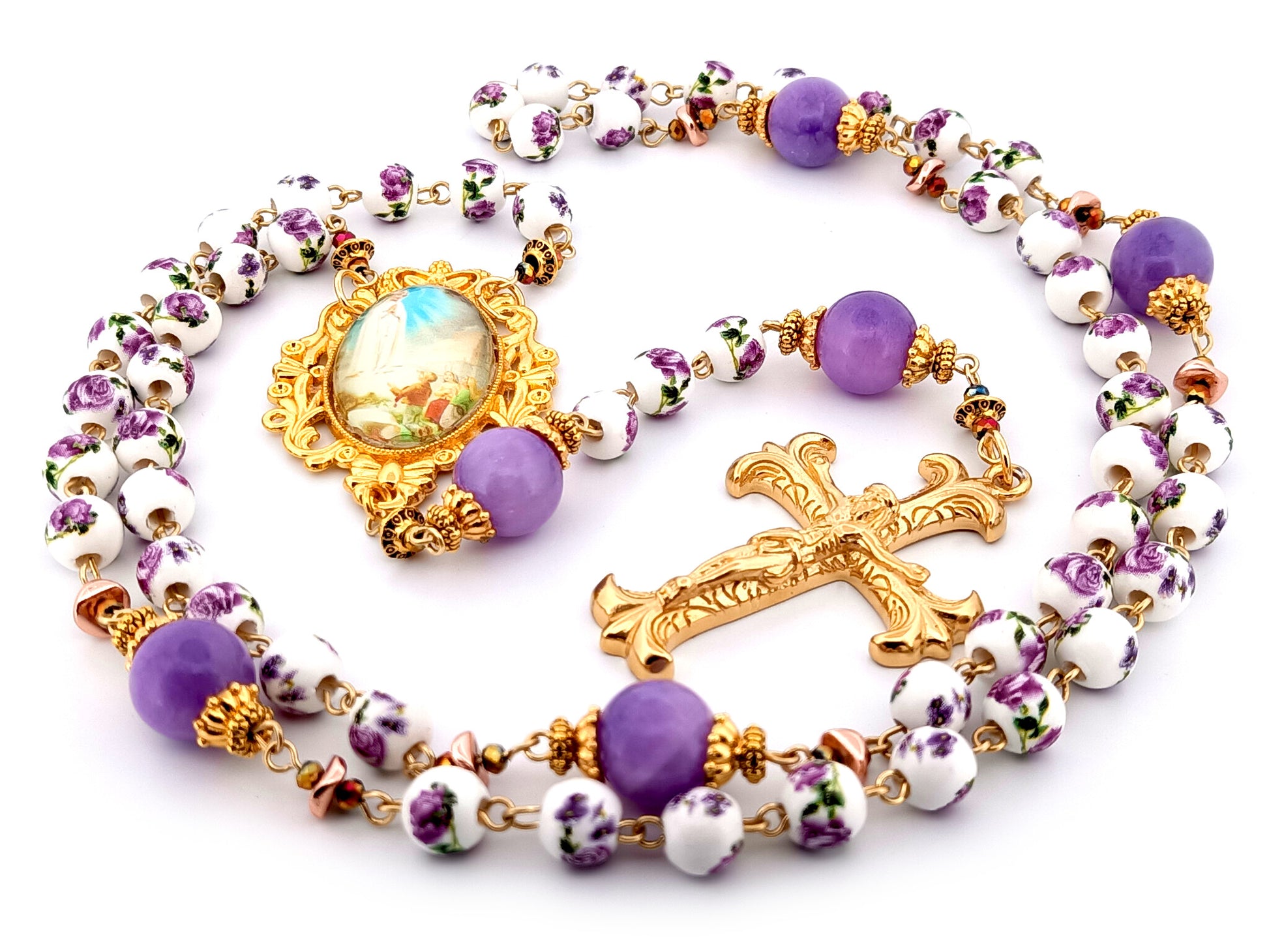 Our Lady of Fatima unique rosary beads porcelain and purple glass rosary with gold plated Fleur de Lys crucifix.