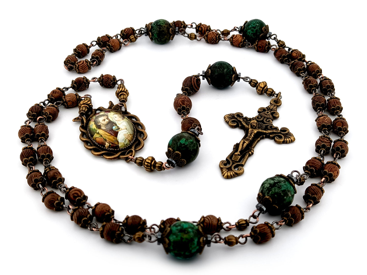 Saint Joseph and Child Jesus unique rosary beads dark olive wood and jasper gemstone rosary beads with bronze filigree crucifix.