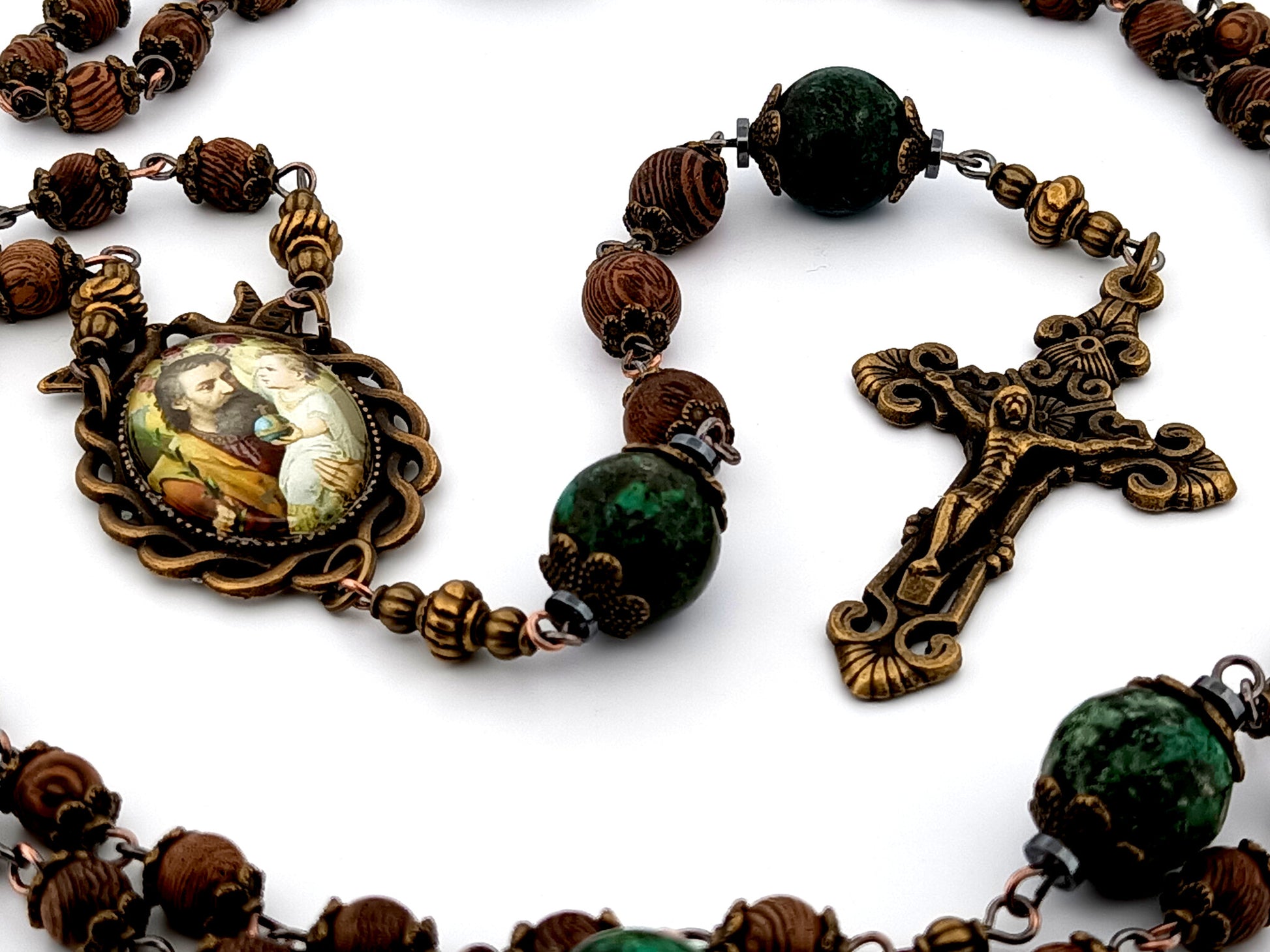 Saint Joseph and Child Jesus unique rosary beads dark olive wood and jasper gemstone rosary beads with bronze filigree crucifix.