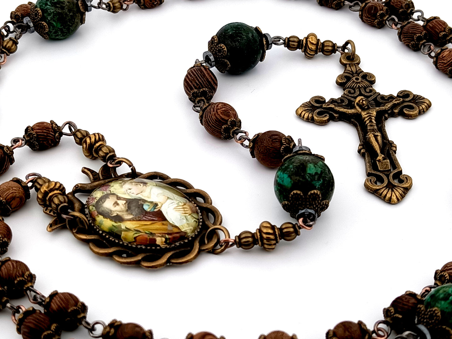 Saint Joseph and Child Jesus unique rosary beads dark olive wood and jasper gemstone rosary beads with bronze filigree crucifix.