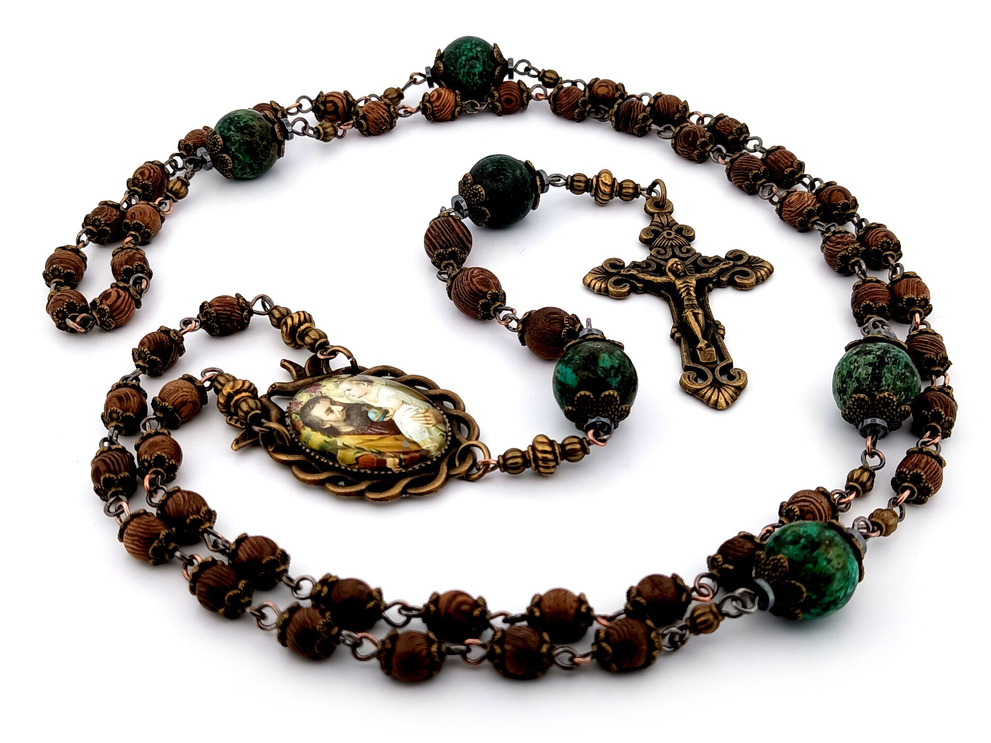 Saint Joseph and Child Jesus unique rosary beads dark olive wood and jasper gemstone rosary beads with bronze filigree crucifix.