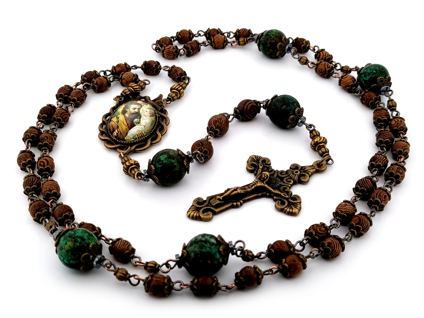 Saint Joseph and Child Jesus unique rosary beads dark olive wood and jasper gemstone rosary beads with bronze filigree crucifix.