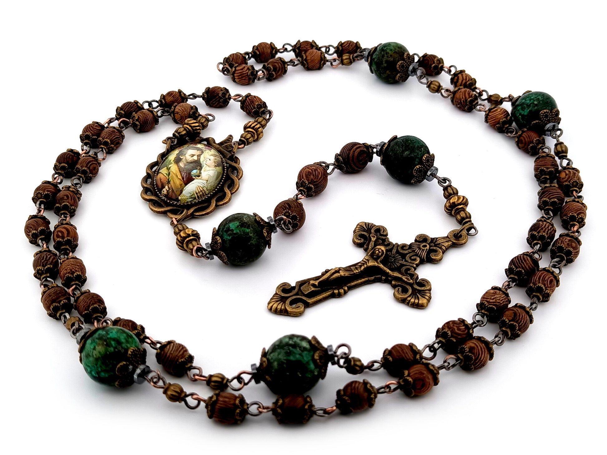Saint Joseph and Child Jesus unique rosary beads dark olive wood and jasper gemstone rosary beads with bronze filigree crucifix.