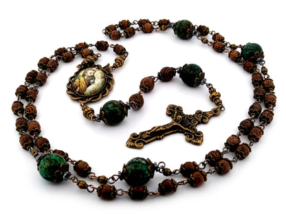 Saint Joseph and Child Jesus unique rosary beads dark olive wood and jasper gemstone rosary beads with bronze filigree crucifix.