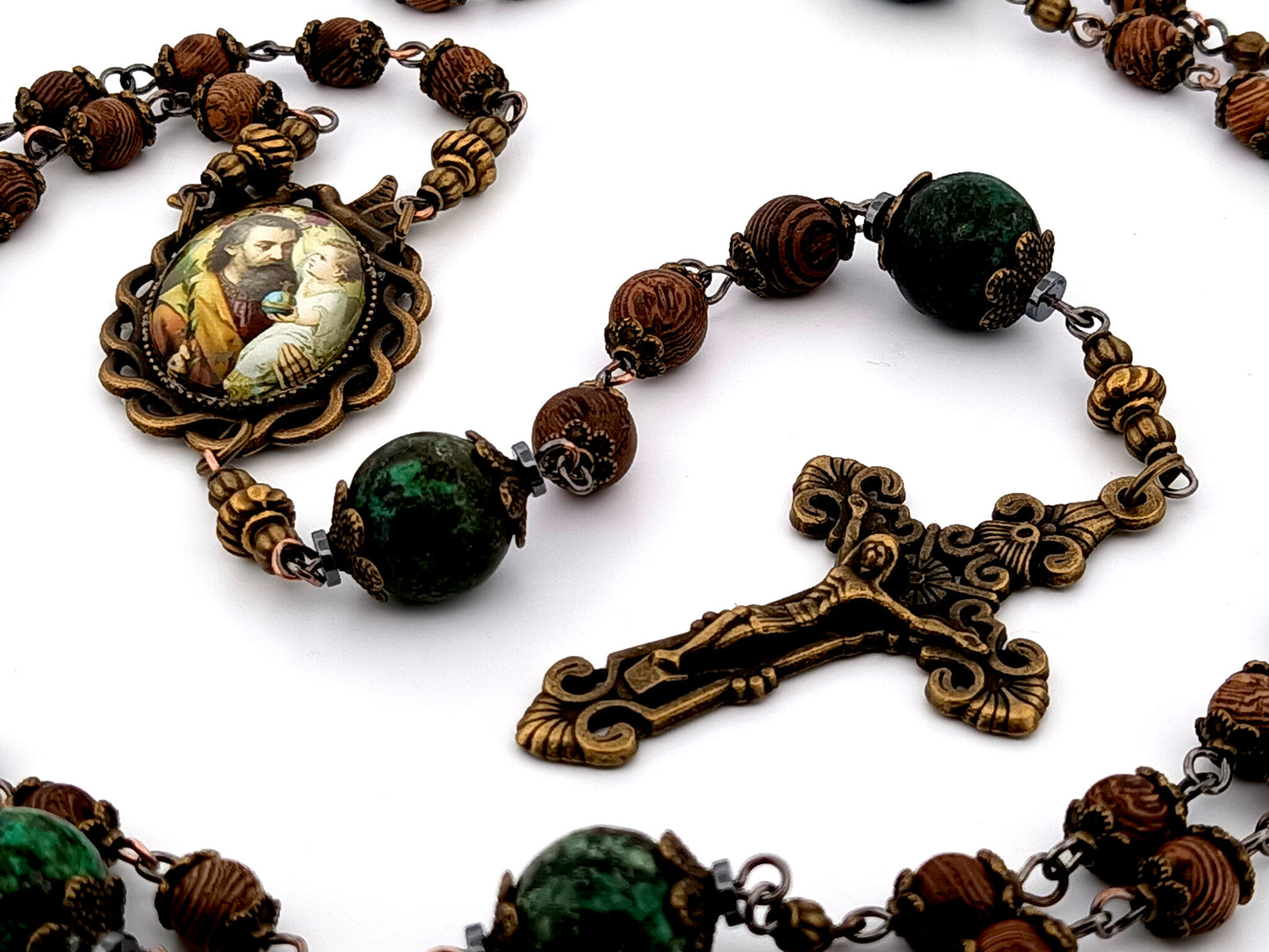 Saint Joseph and Child Jesus unique rosary beads dark olive wood and jasper gemstone rosary beads with bronze filigree crucifix.
