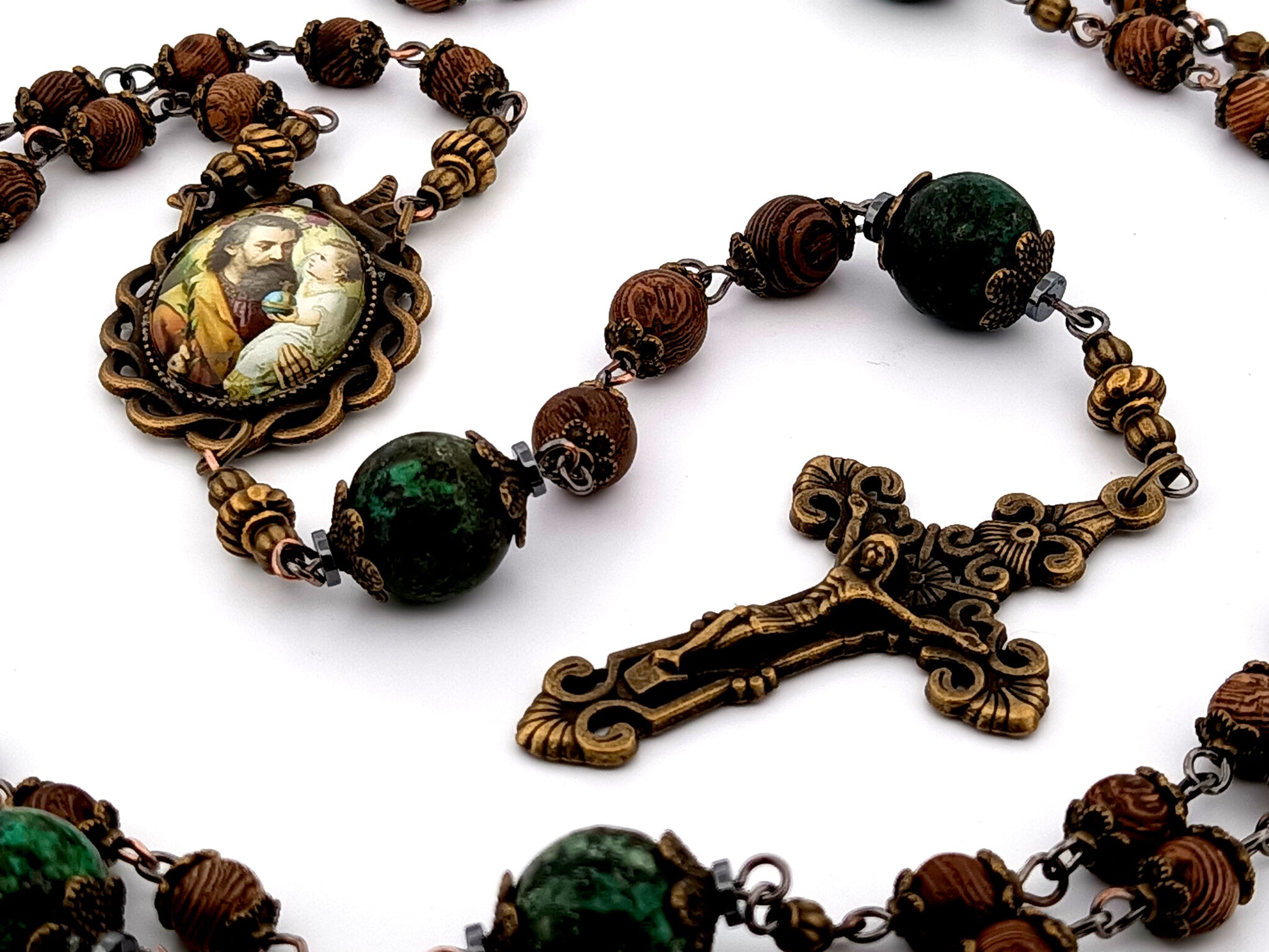 Saint Joseph and Child Jesus unique rosary beads dark olive wood and jasper gemstone rosary beads with bronze filigree crucifix.