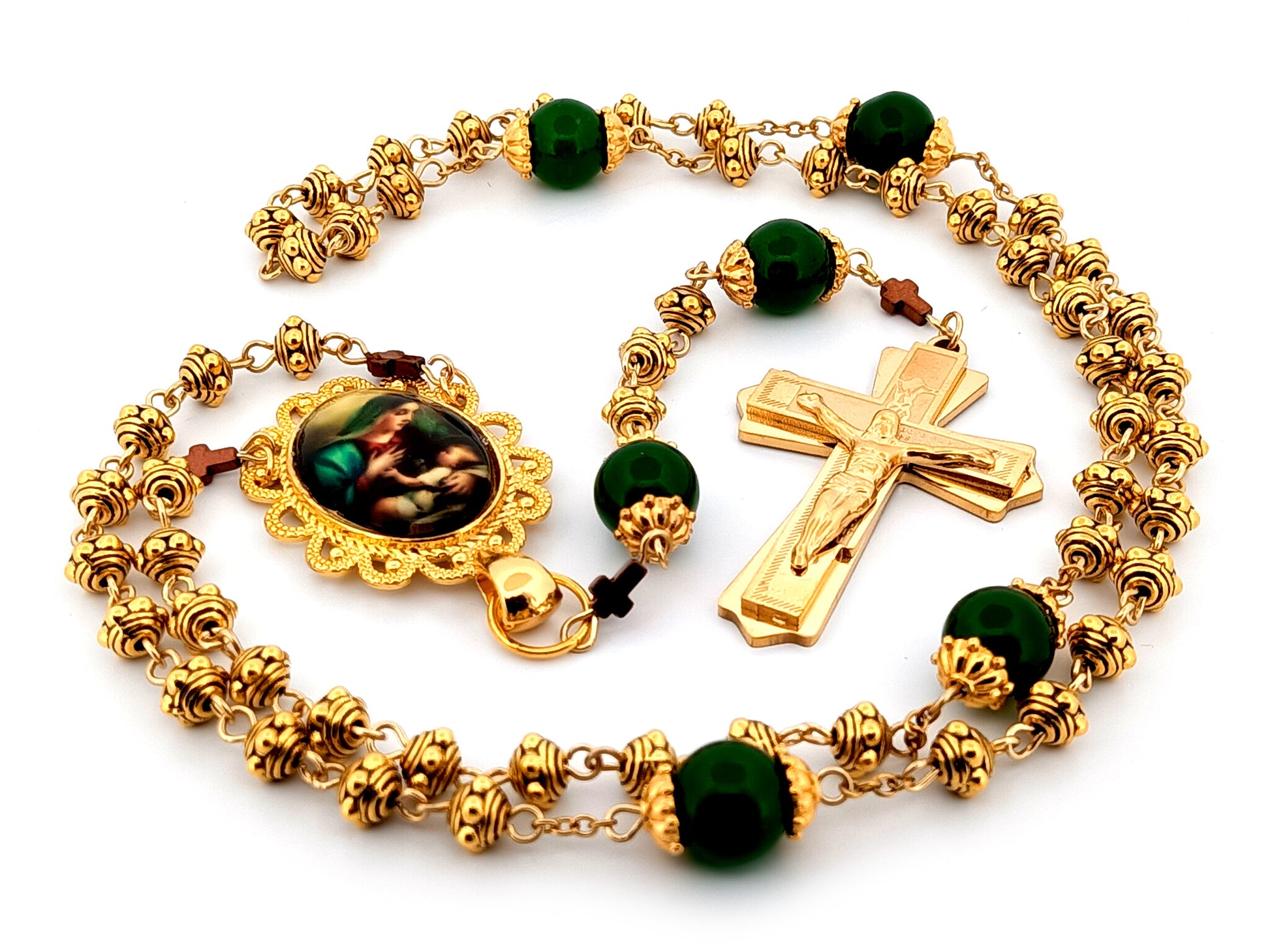 Virgin Mary and Child Jesus unique rosary beads gold plated silver and peridot gemstone rosary beads with 18K gold plated stainless steel crucifix.