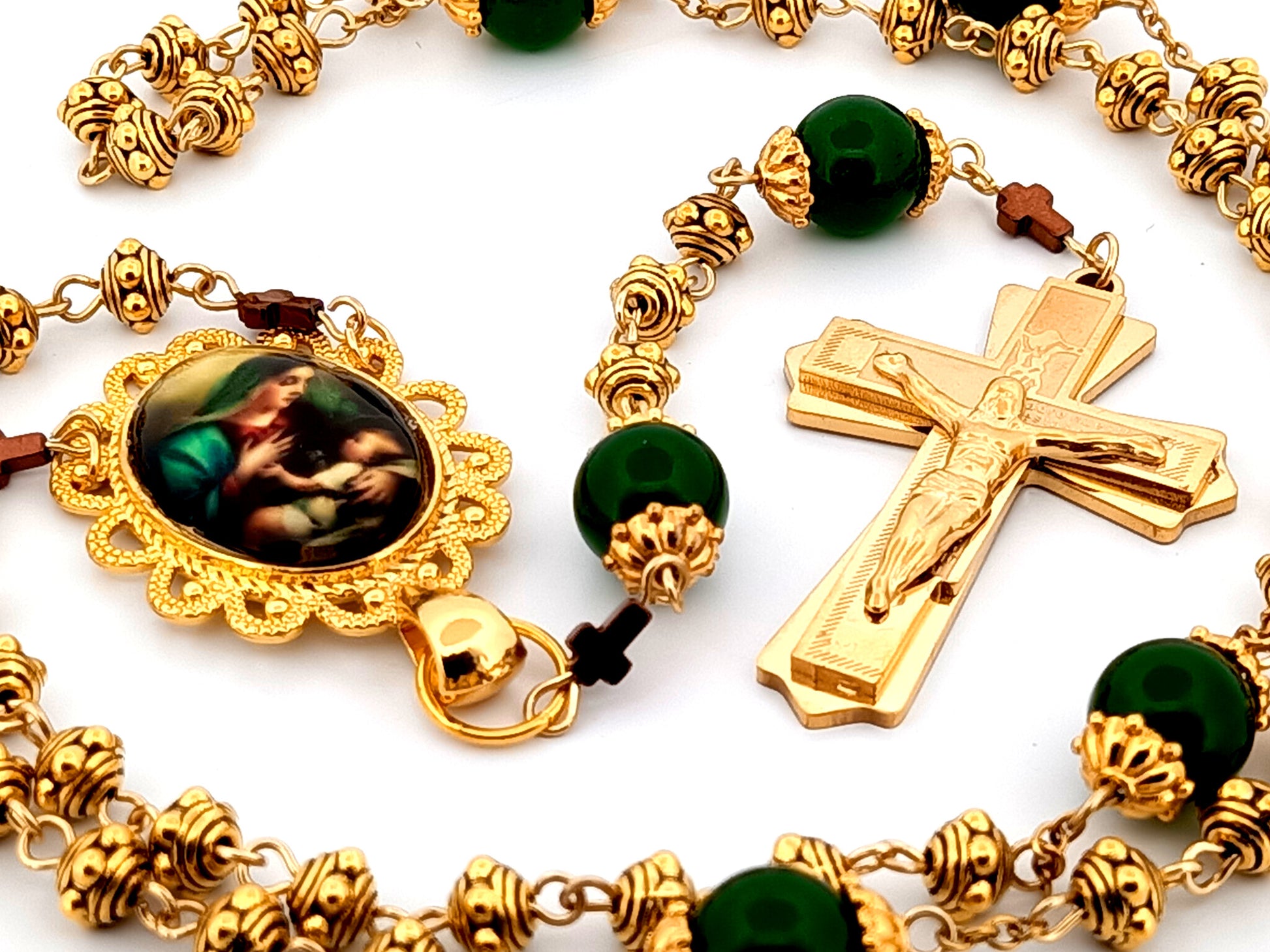 Virgin Mary and Child Jesus unique rosary beads gold plated silver and peridot gemstone rosary beads with 18K gold plated stainless steel crucifix.