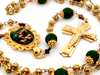 Virgin Mary and Child Jesus unique rosary beads gold plated silver and peridot gemstone rosary beads with 18K gold plated stainless steel crucifix.