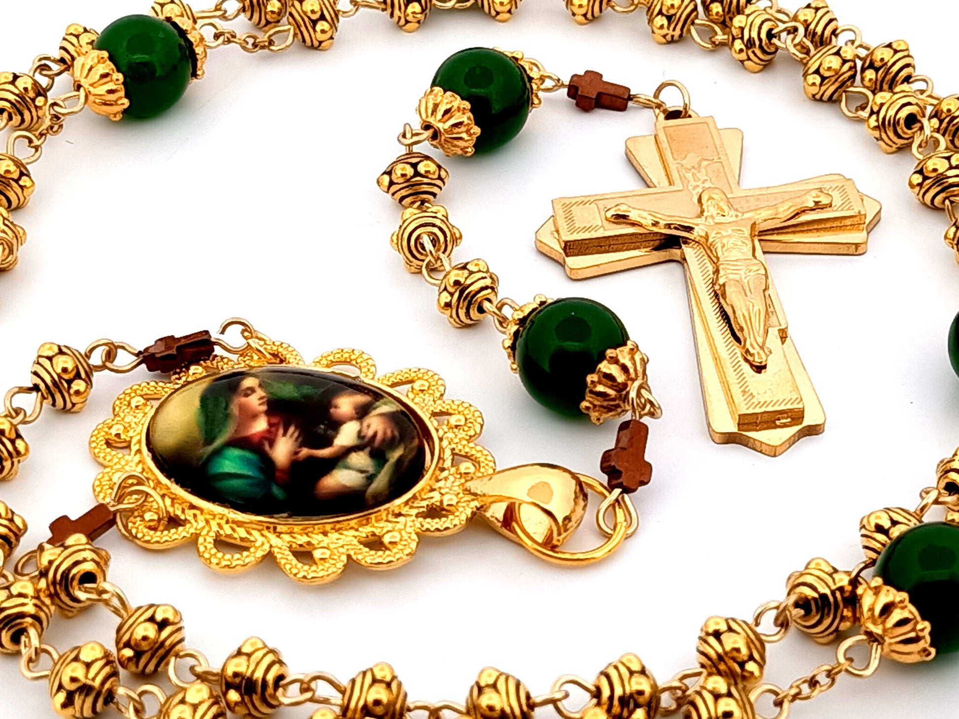 Virgin Mary and Child Jesus unique rosary beads gold plated silver and peridot gemstone rosary beads with 18K gold plated stainless steel crucifix.
