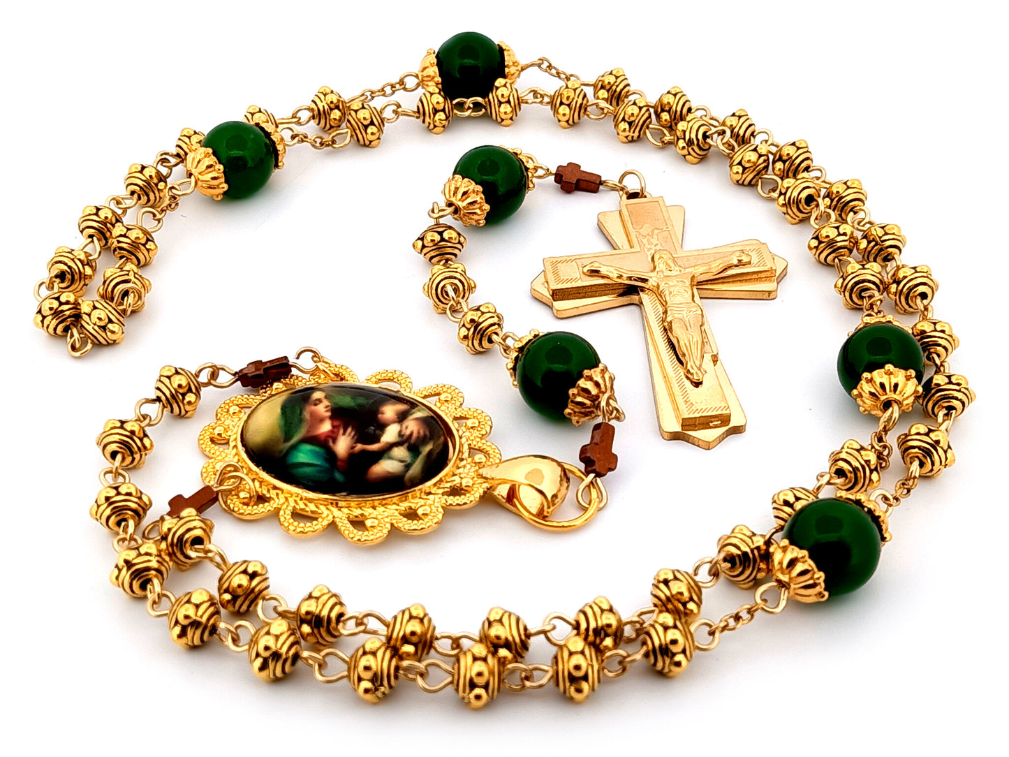 Virgin Mary and Child Jesus unique rosary beads gold plated silver and peridot gemstone rosary beads with 18K gold plated stainless steel crucifix.