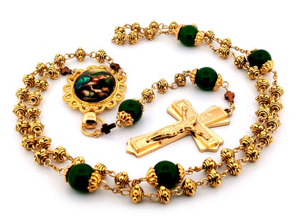 Virgin Mary and Child Jesus unique rosary beads gold plated silver and peridot gemstone rosary beads with 18K gold plated stainless steel crucifix.