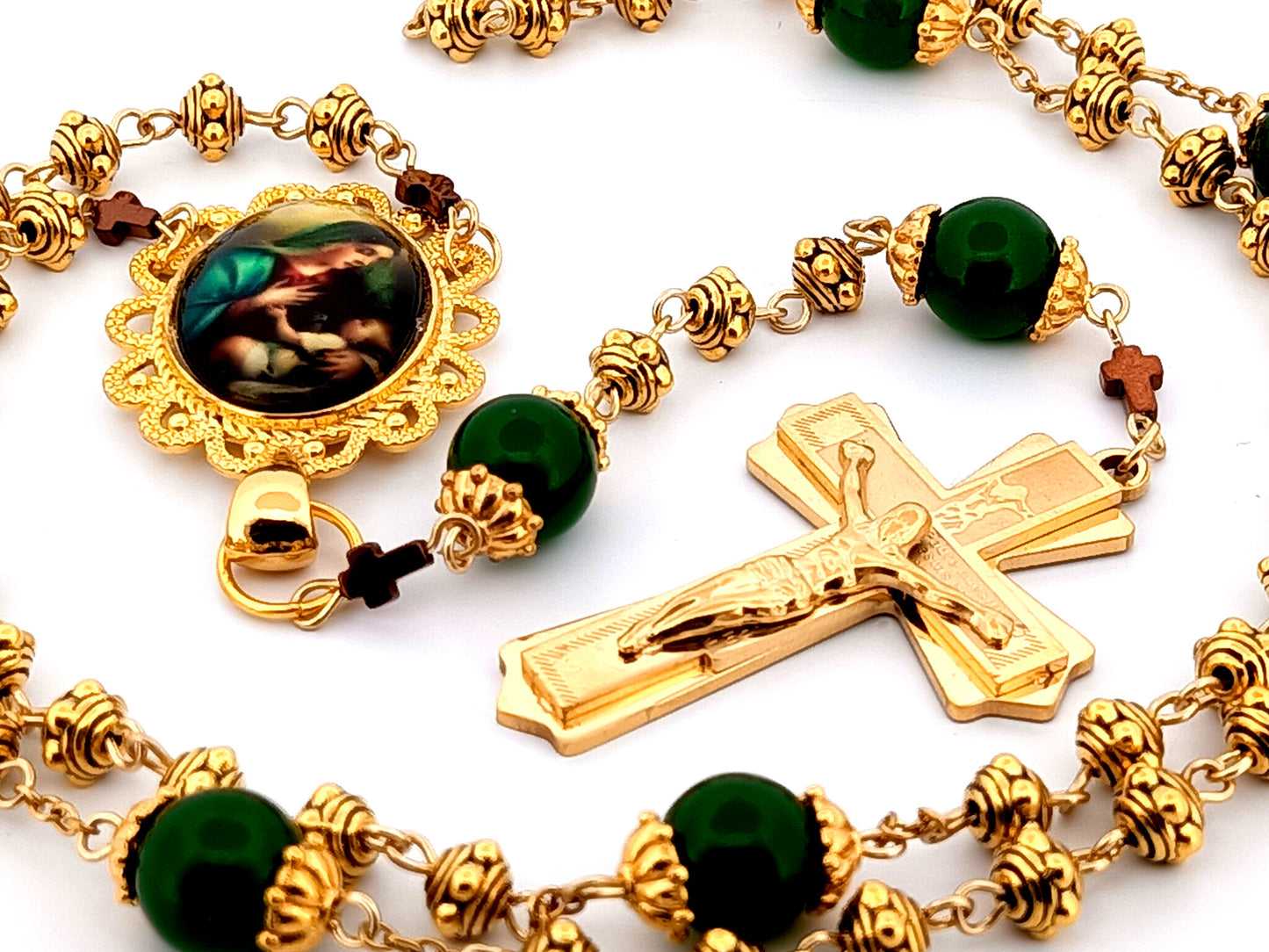 Virgin Mary and Child Jesus unique rosary beads gold plated silver and peridot gemstone rosary beads with 18K gold plated stainless steel crucifix.
