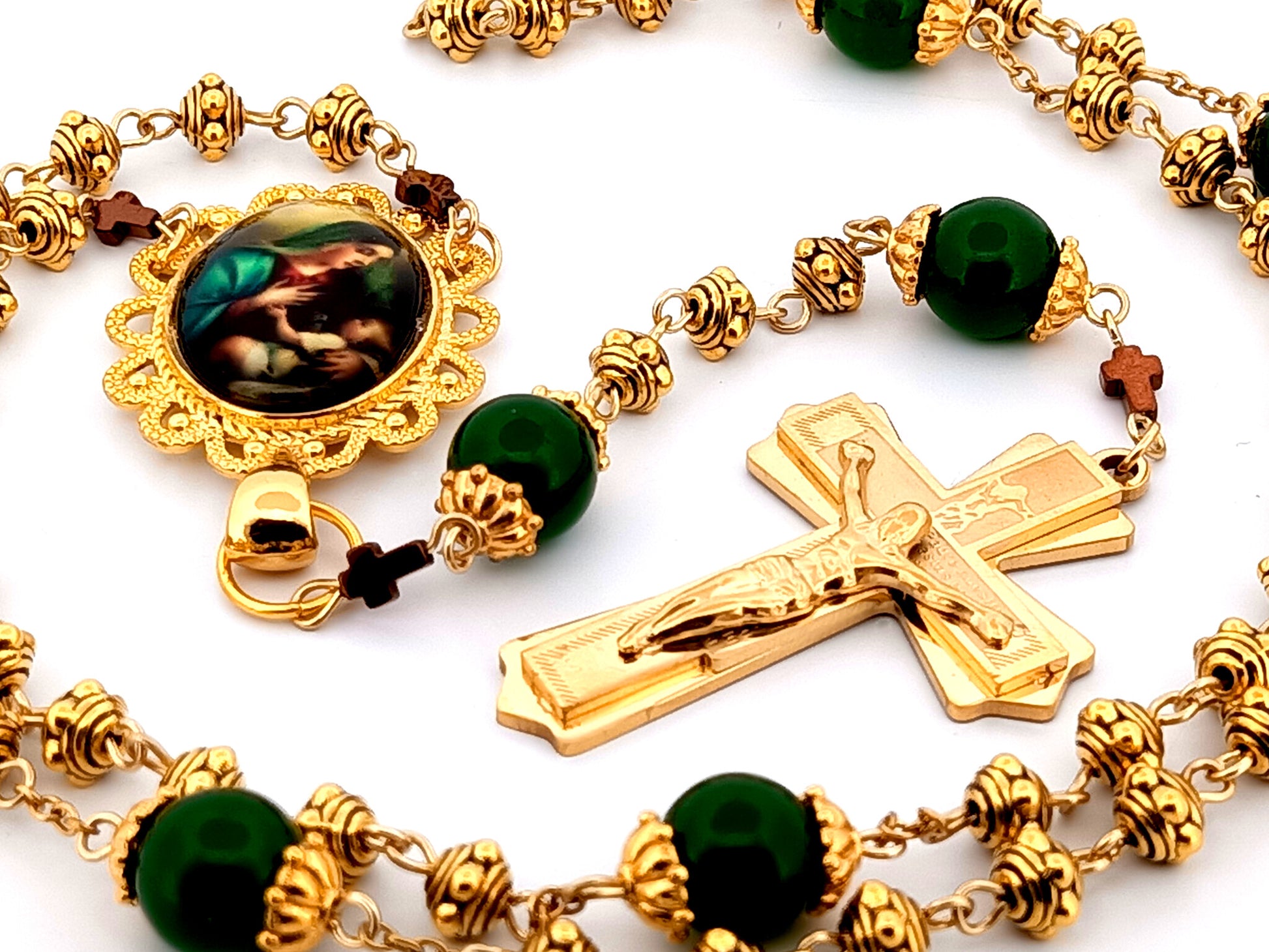 Virgin Mary and Child Jesus unique rosary beads gold plated silver and peridot gemstone rosary beads with 18K gold plated stainless steel crucifix.