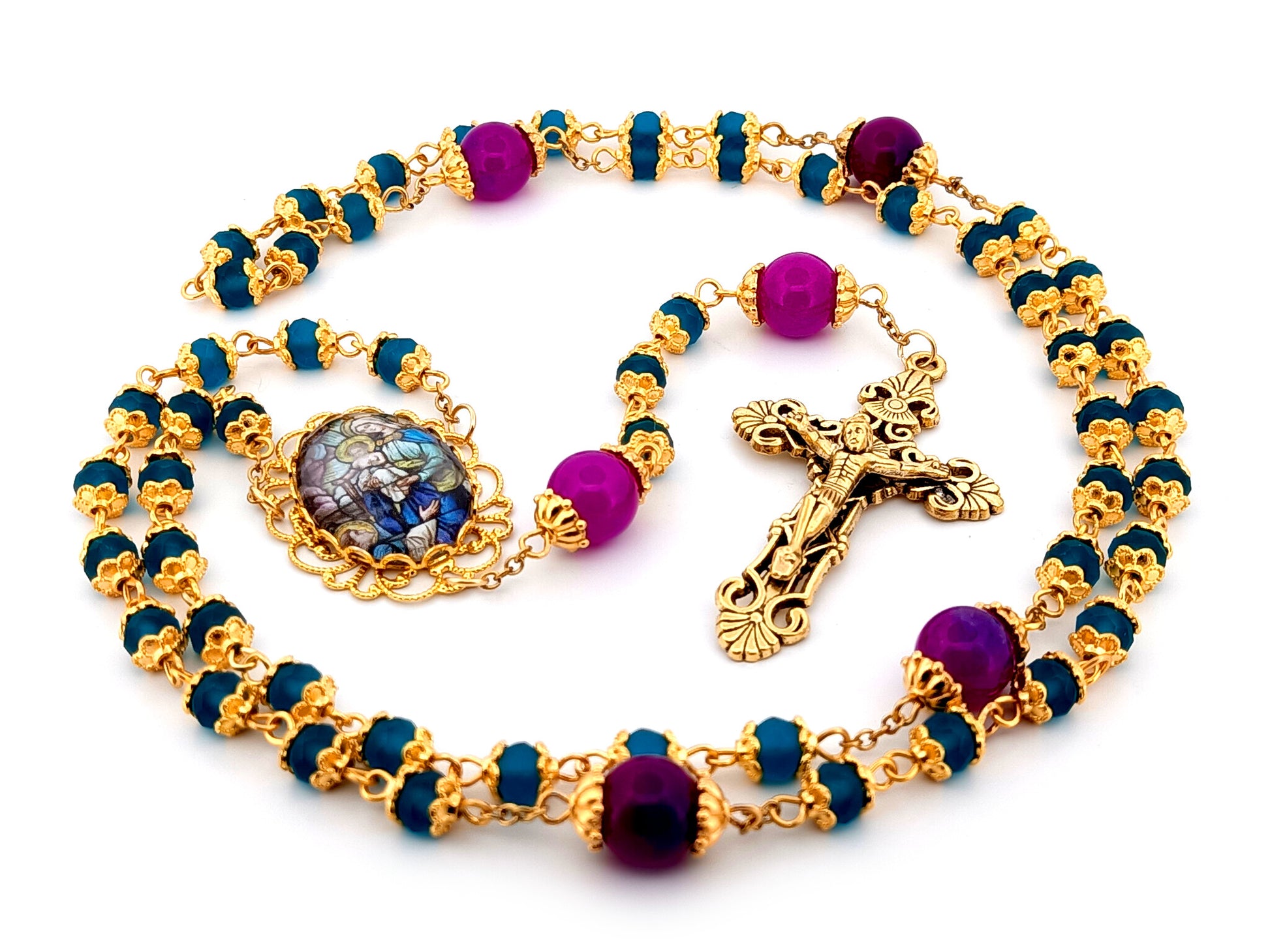 Saint Dominic and Our Lady of the Rosary unique rosary beads glass and gold rosary with gold plated filigree crucifix.