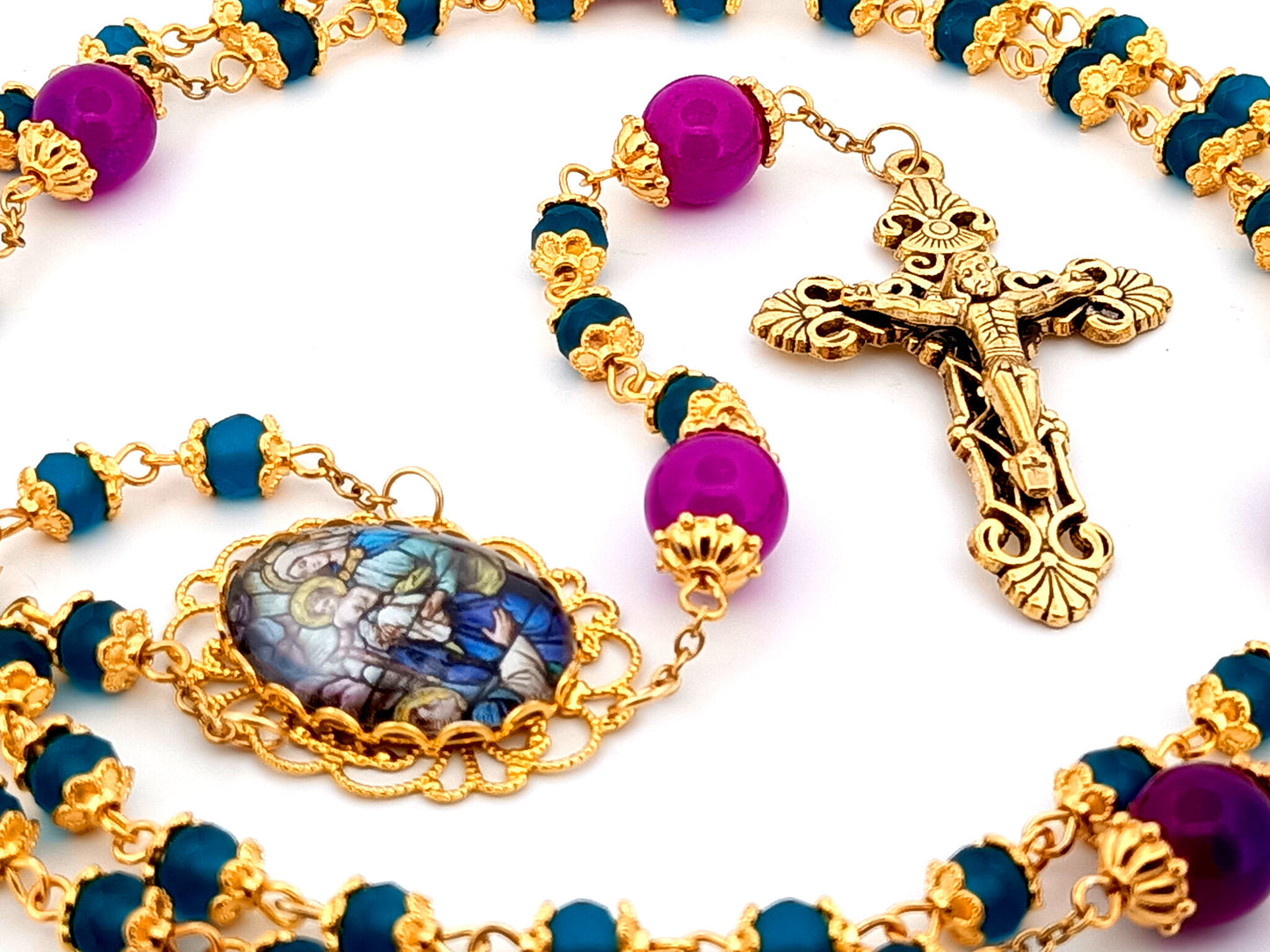 Saint Dominic and Our Lady of the Rosary unique rosary beads glass and gold rosary with gold plated filigree crucifix.