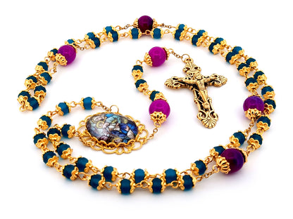 Saint Dominic and Our Lady of the Rosary unique rosary beads glass and gold rosary with gold plated filigree crucifix.