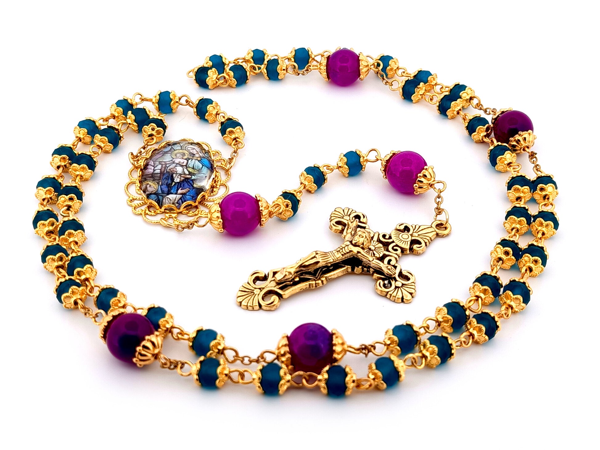 Saint Dominic and Our Lady of the Rosary unique rosary beads glass and gold rosary with gold plated filigree crucifix.