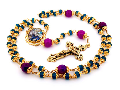 Saint Dominic and Our Lady of the Rosary unique rosary beads glass and gold rosary with gold plated filigree crucifix.