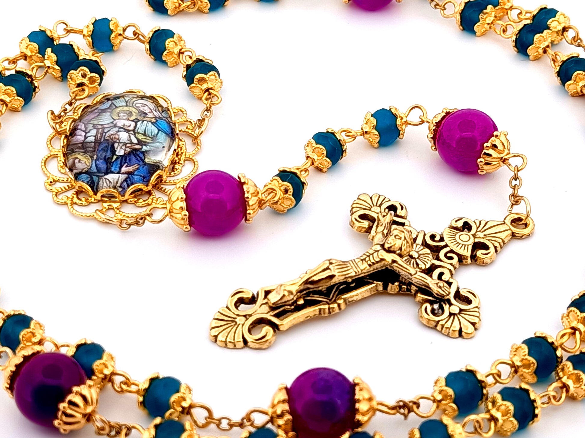 Saint Dominic and Our Lady of the Rosary unique rosary beads glass and gold rosary with gold plated filigree crucifix.