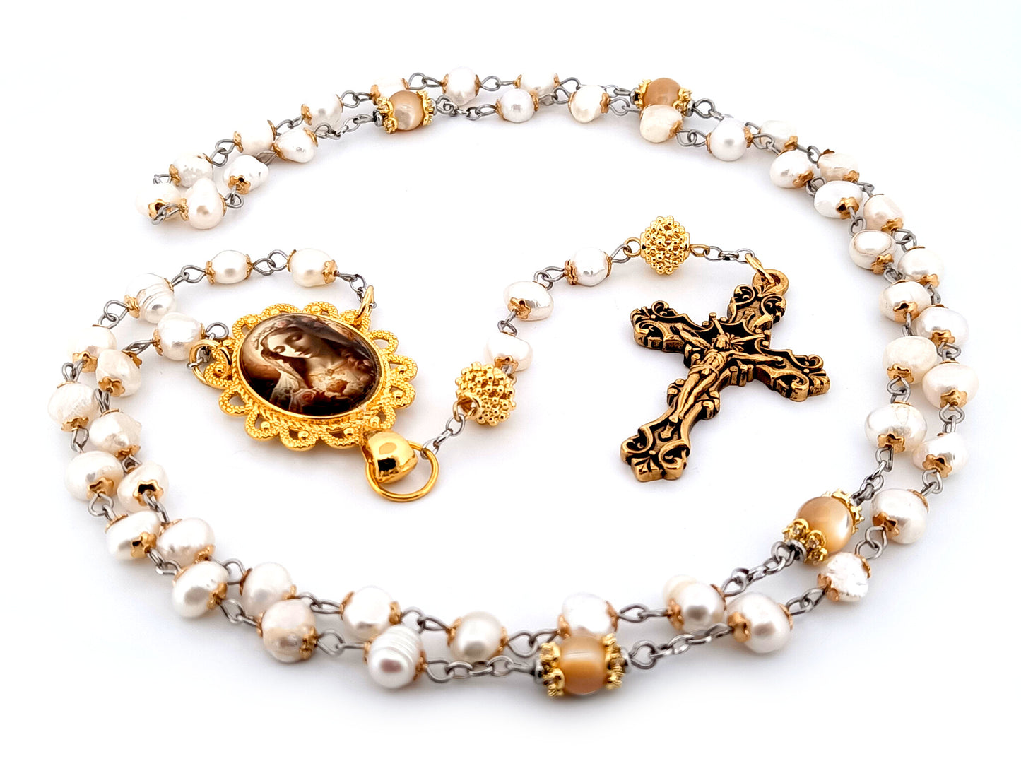 Immaculate Heart of Mary unique rosary beads freshwater pearl and gold rosary beads with gold plated filigree crucifix.