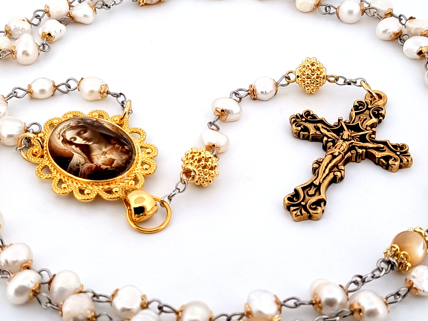 Immaculate Heart of Mary unique rosary beads freshwater pearl and gold rosary beads with gold plated filigree crucifix.